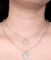 Sparkling Emerald-Cut Layered Silver Necklace