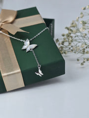 925 Silver Dual Butterfly Pendant Necklace with Mother of Pearl