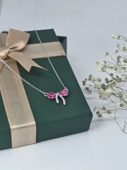 925 Sterling Silver Bow Pendant Necklace with Pink Crystals – Elegant Silver Jewelry for Women