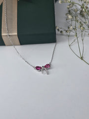 925 Sterling Silver Bow Pendant Necklace with Pink Crystals – Elegant Silver Jewelry for Women