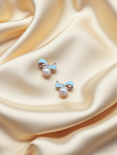 925 Sterling Silver Bow Pearl Earrings for Women | Minimalist Blue Enamel Studs | Rajasi Silver