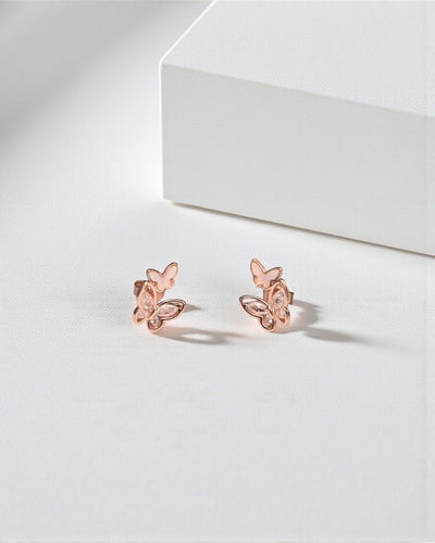 Double Butterfly Rose Gold Stud Earrings – Stylish Silver Jewelry for Women
