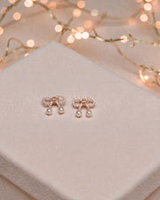 Dainty Bow Pearl Drop Earrings – Rose Gold Silver Elegant Studs