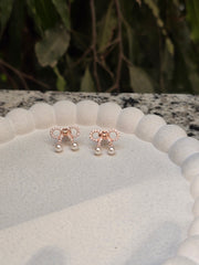 Dainty Bow Pearl Drop Earrings – Rose Gold Silver Elegant Studs