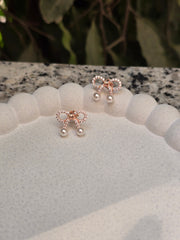 Dainty Bow Pearl Drop Earrings – Rose Gold Silver Elegant Studs