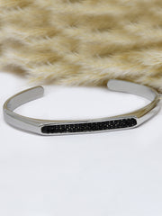 925 Sterling Silver Open Cuff Bracelet with Black CZ Stones – Bold Minimalist Unisex Design