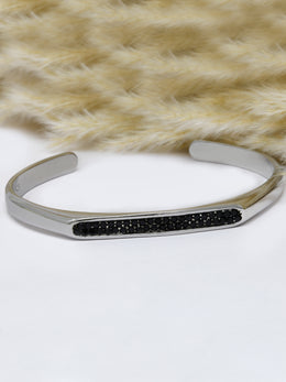 925 Sterling Silver Open Cuff Bracelet with Black CZ Stones – Bold Minimalist Unisex Design