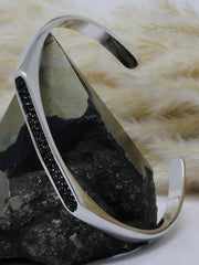 925 Sterling Silver Open Cuff Bracelet with Black CZ Stones – Bold Minimalist Unisex Design