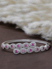 925 Sterling Silver Bangle Bracelet with Pink & Green Stones – CZ Diamond Studded Kada for Women & Girls