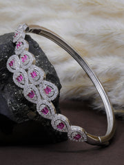 925 Sterling Silver Bangle Bracelet with Pink & Green Stones – CZ Diamond Studded Kada for Women & Girls