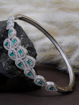 925 Sterling Silver Bangle Bracelet with Pink & Green Stones – CZ Diamond Studded Kada for Women & Girls
