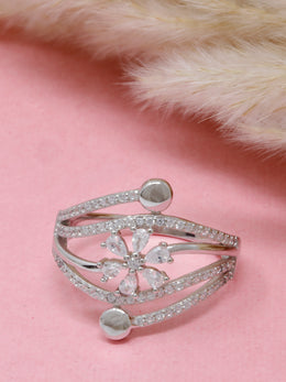 925 Sterling Silver Flower Ring – Adjustable CZ Petal Design for Women