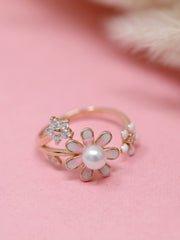 Rose Gold-Plated 925 Silver Pearl Flower Ring – Adjustable Floral Design