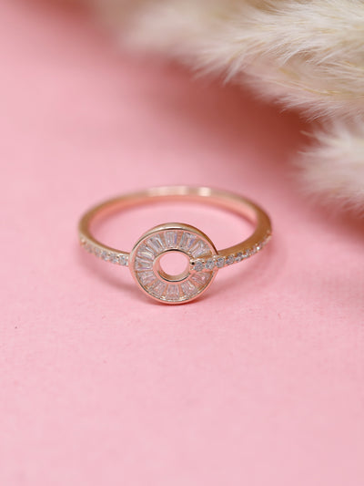 925 Sterling Silver Gold Plated Circle Ring | Modern Baguette CZ Halo Band Ring
