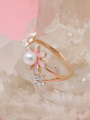 Rose Gold-Plated 925 Silver Pearl Flower Ring – Adjustable Floral Design