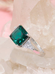 925 Sterling Silver Emerald Cut Green Gemstone Ring with CZ Accents – Elegant Statement Jewelry