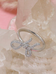 925 Sterling Silver Bow Ribbon Ring – Elegant CZ Adjustable Ring for Women