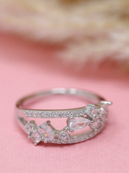 925 Sterling Silver CZ Split Band Ring | Rhodium Plated Marquise & Pear Cut Statement Ring