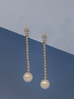 925 Sterling Silver Pearl Drop Earrings | CZ Long Dangle Earrings | Elegant Bridal & Evening Jewelry