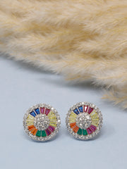 925 Sterling Silver Rainbow Stud Earrings | Multicolor CZ Round Earrings | Statement Jewelry | Gift for Her