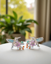 925 Sterling Silver Hummingbird Earrings | Enamel Flower & Berry Design | Nature-Inspired Bird Studs | Unique Gift for Women