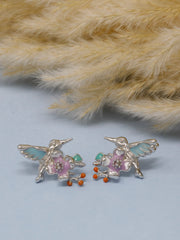925 Sterling Silver Hummingbird Earrings | Enamel Flower & Berry Design | Nature-Inspired Bird Studs | Unique Gift for Women