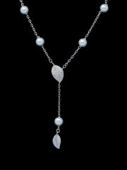925 Sterling Silver Pearl Necklace with Leaf Pendant – Elegant Y-Shaped Drop Jewelry for Women