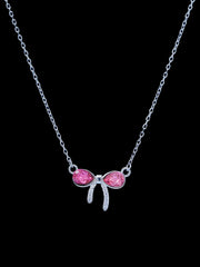 925 Sterling Silver Bow Pendant Necklace with Pink Crystals – Elegant Silver Jewelry for Women
