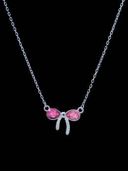 925 Sterling Silver Bow Pendant Necklace with Pink Crystals – Elegant Silver Jewelry for Women