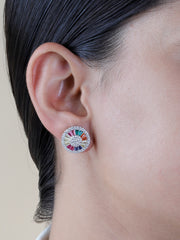 925 Sterling Silver Rainbow Stud Earrings | Multicolor CZ Round Earrings | Statement Jewelry | Gift for Her