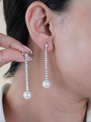 925 Sterling Silver Pearl Drop Earrings | CZ Long Dangle Earrings | Elegant Bridal & Evening Jewelry