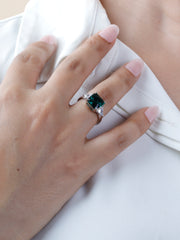 925 Sterling Silver Emerald Cut Green Gemstone Ring with CZ Accents – Elegant Statement Jewelry