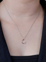 925 Sterling Silver Circle Pendant Necklace with Red Enamel & Zircon Accents – Modern Silver Jewelry for Women