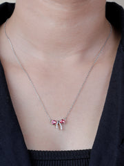 925 Sterling Silver Bow Pendant Necklace with Pink Crystals – Elegant Silver Jewelry for Women