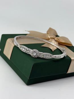 925 Sterling Silver Floral CZ Bangle – Elegant Vine Design Bracelet for Women