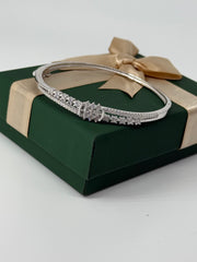 925 Sterling Silver Curved CZ Bangle – Elegant Cluster Design for Women