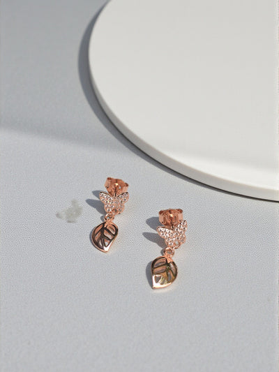 Butterfly Leaf Rose Gold Earrings – Dainty Silver Drop Design